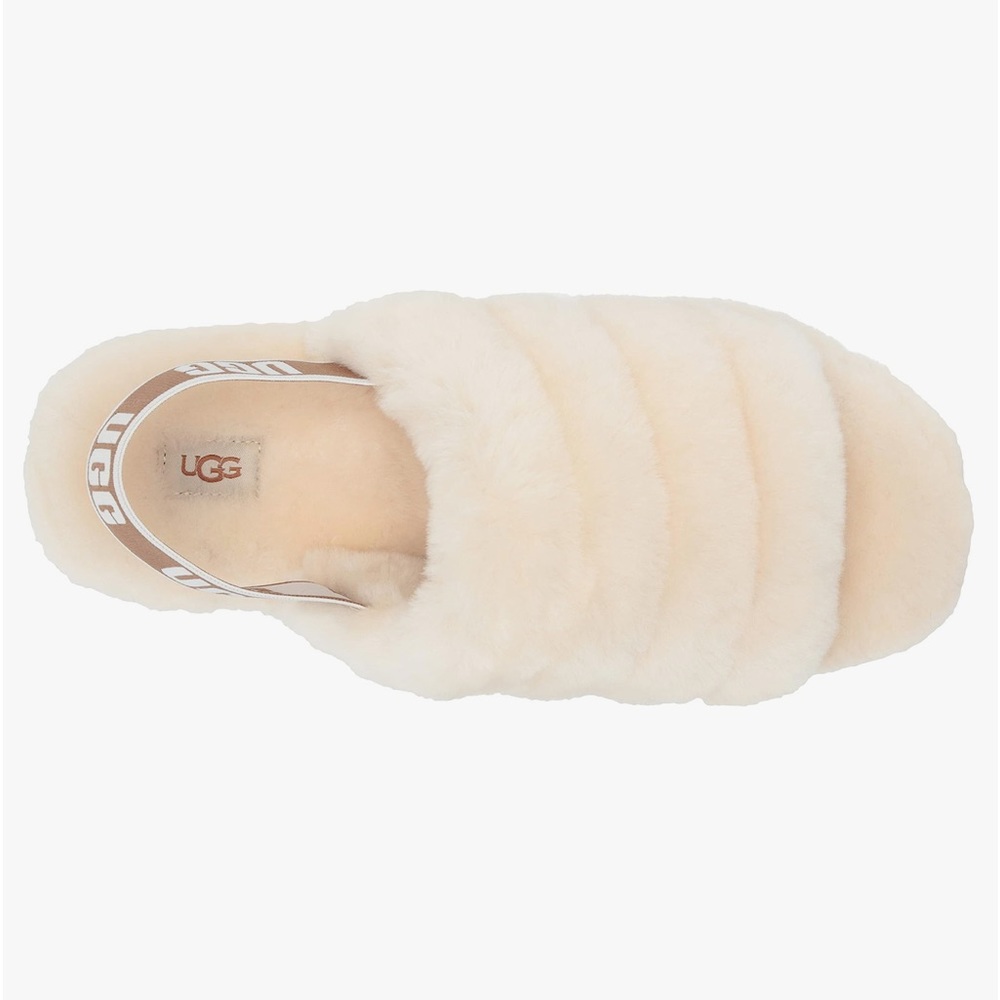 UGG Fluff Yeah Slide Sandals Sheepskin Fur Slingback Elastic Open Toe Natural - Picture 4 of 7